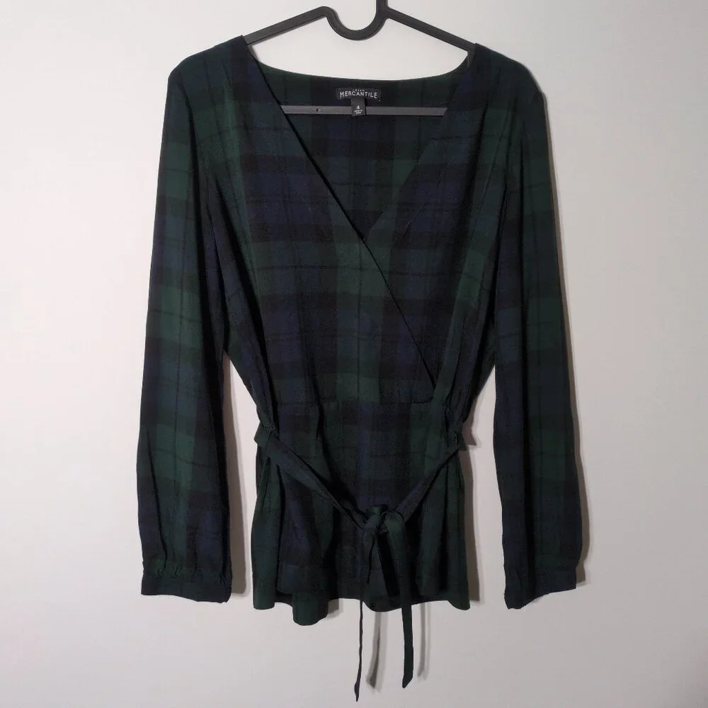 J Crew Mercantile Womens Sz 4 Faux Wrap Blouse Green Plaid Long Sleeve Viscose - Picture 1 of 7